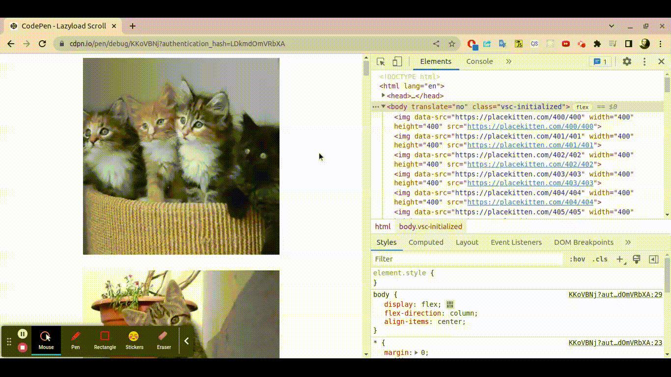 Animação mostrando uma página deslizando com várias imagens de gatinho