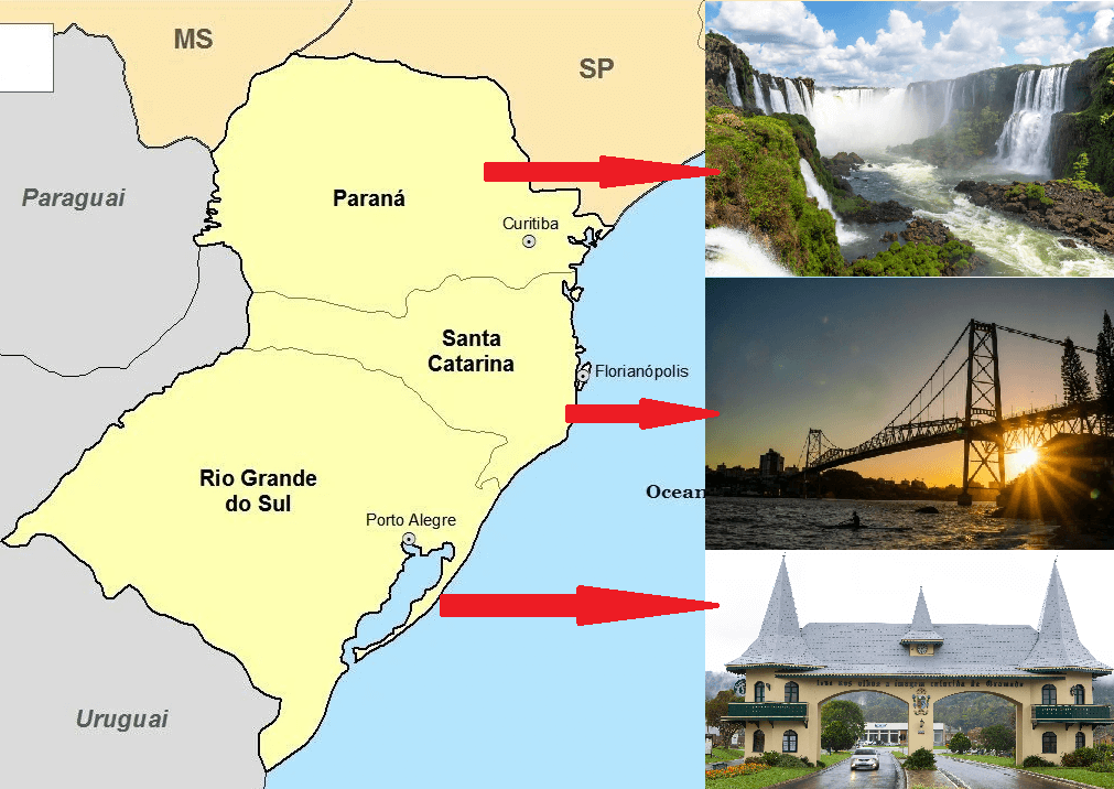 o mapa da região sul do brasil, onde cada estado aponta para aquela região física na vida real